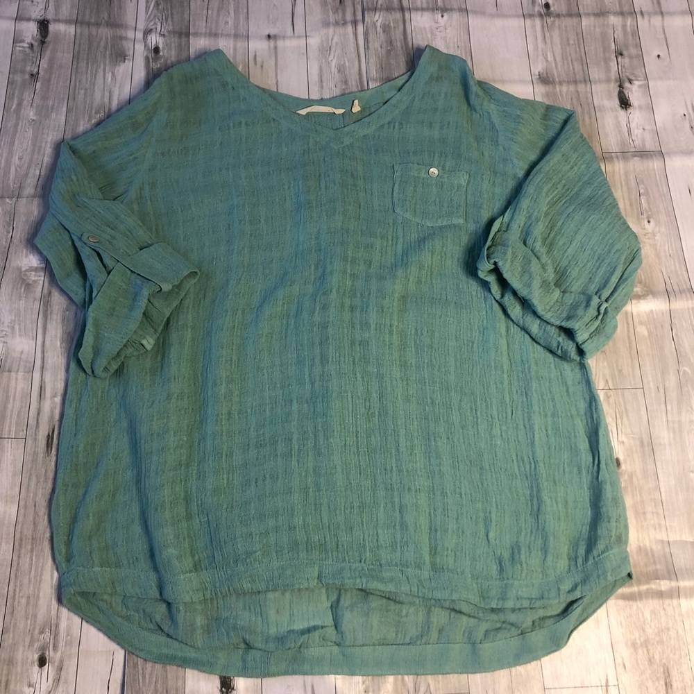 Soft Surroundings Blouse Womens Medium Linen Teal Top 3/4 sleeve